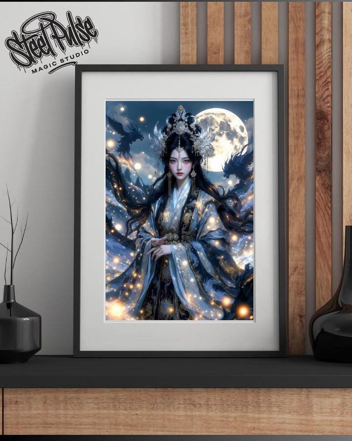 Moonlit Dragon Empress Print | Ethereal Fantasy Celestial Wall Art (8.5x11, 13x19)
