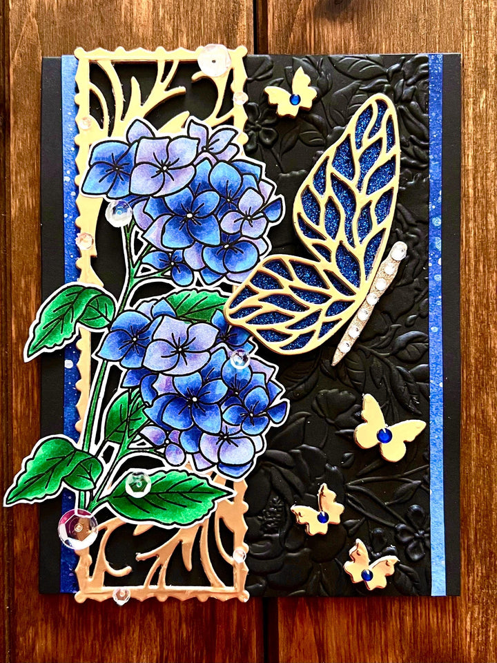 Blue Hydrangeas and Butterflies Blank Card