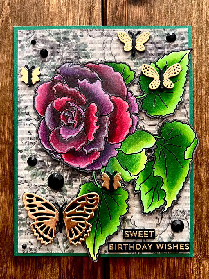 Purple Begonia Flower with Gold Butterflies Sweet Birthday Wishes Card