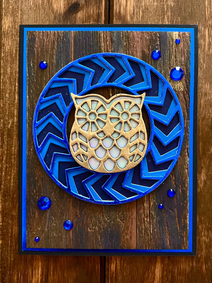 Golden Owl and Blue Chevron Circle Wood Panel Blank Card