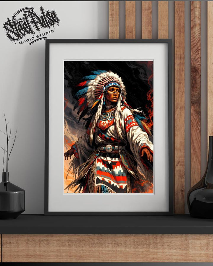War Chief in Flames | Fierce Native American Warrior Portrait | Epic Feathered Headdress Fantasy Print | 2 Sizes