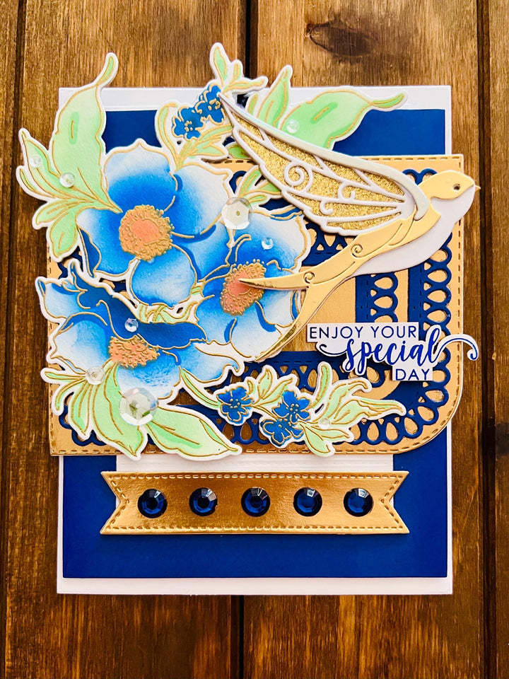 Golden Bird and Blue Florals Interactive Sliding Easel Birthday Card