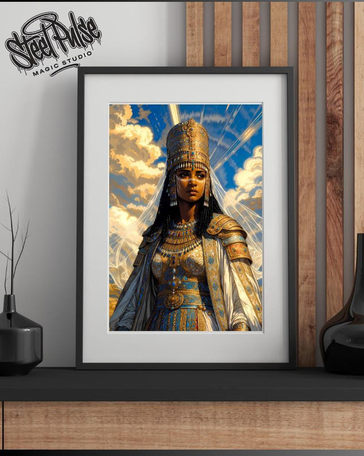 Regal Fantasy Armor Art Print – Golden Crown Portrait, Ornate Gemstone Illustration, High‑Detail Majestic Artwork | 2 Sizes