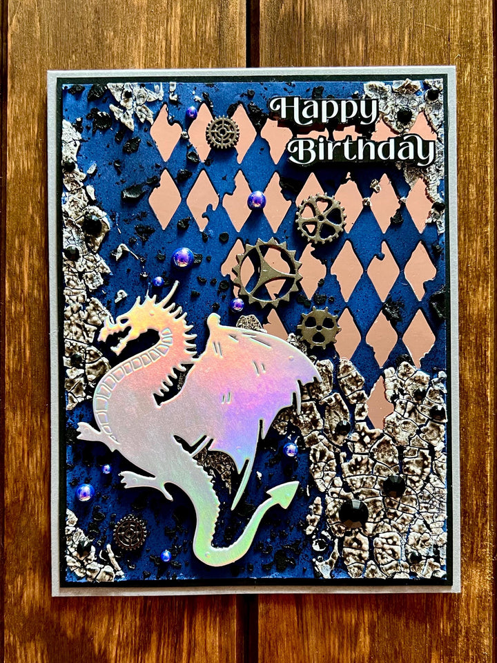 Holographic Silver Dragon Mixed Media Background Happy Birthday Card