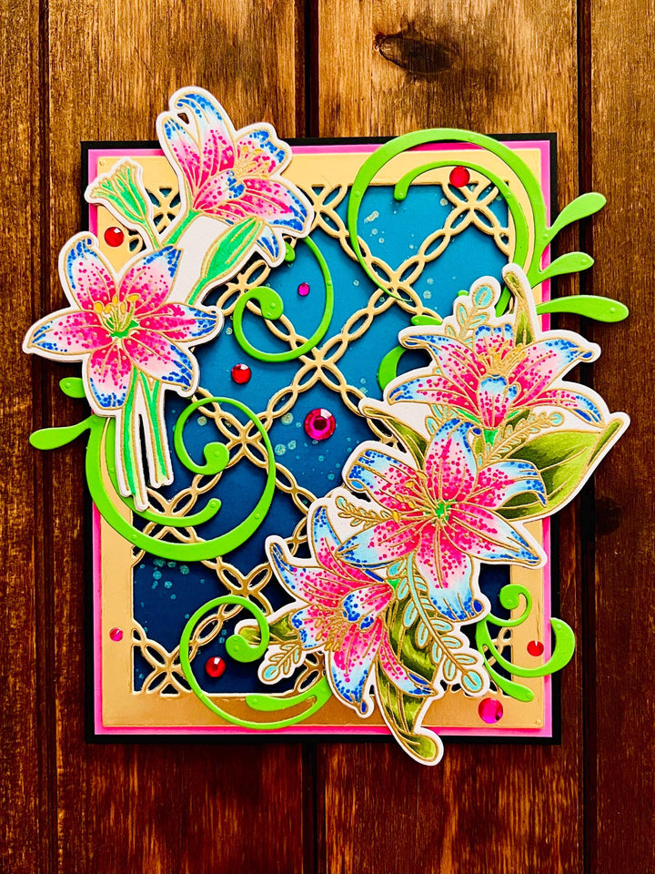 Pink and Blue Lillies Gold Chain Background Blank Card