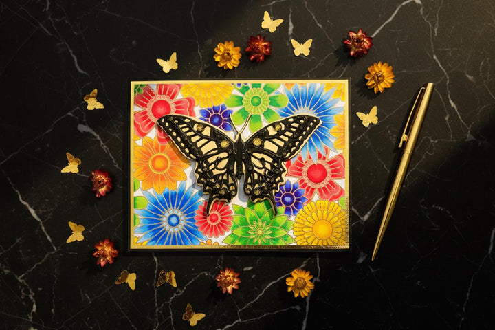 Black and Gold Butterfly with Rainbow Floral Background Blank Card