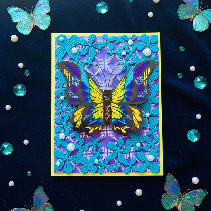 Dimensional Butterfly Blank Card: Teal Floral Frame, Pearls