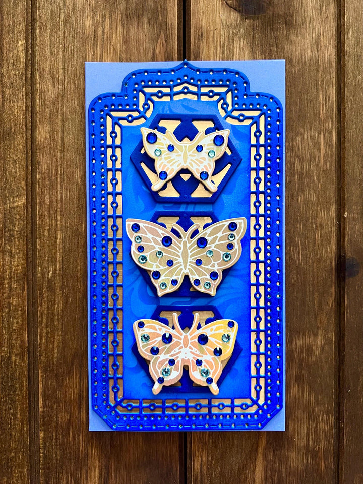 Gold Bejeweled Butterfly Trio Blue Mini Slimline Blank Card