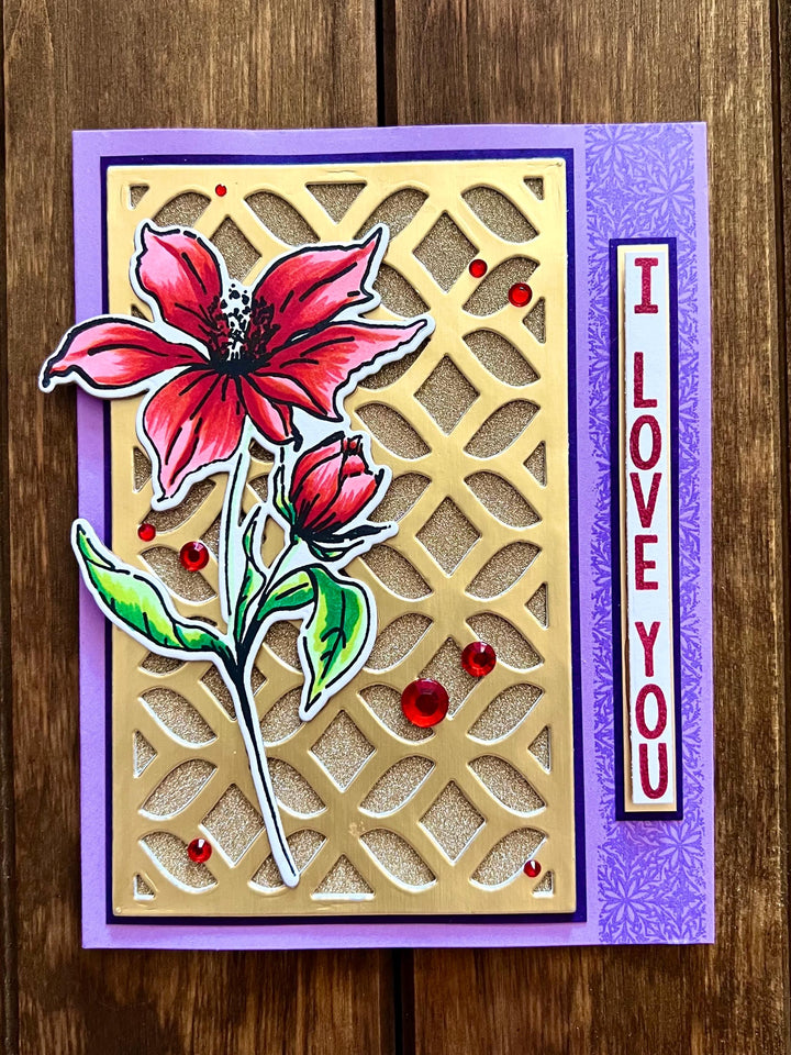 Single Red Flower on Gold Decorative Cutout Panel I Love You Card