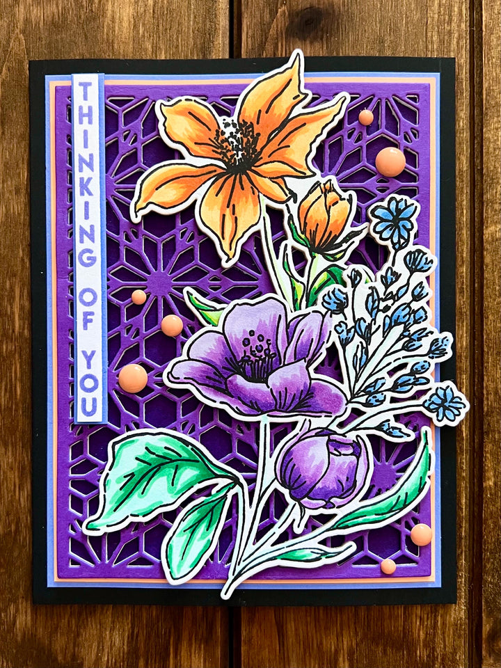 Orange and Purple Floral Spray Geometric Background Thinking of You Card