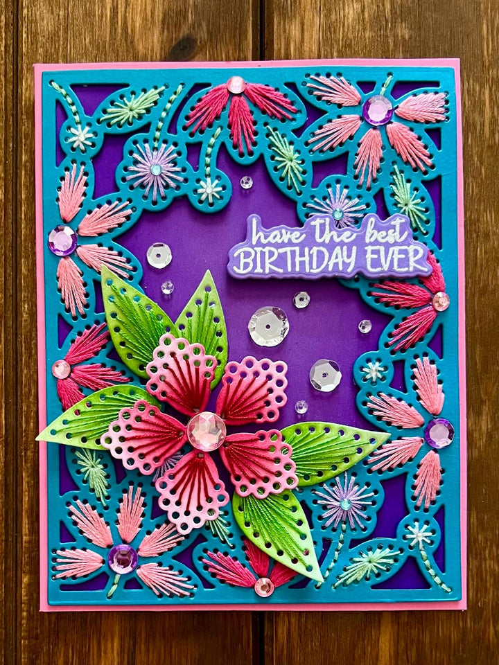Hand Stitched Pastel Floral Frame Best Birthday Ever Card