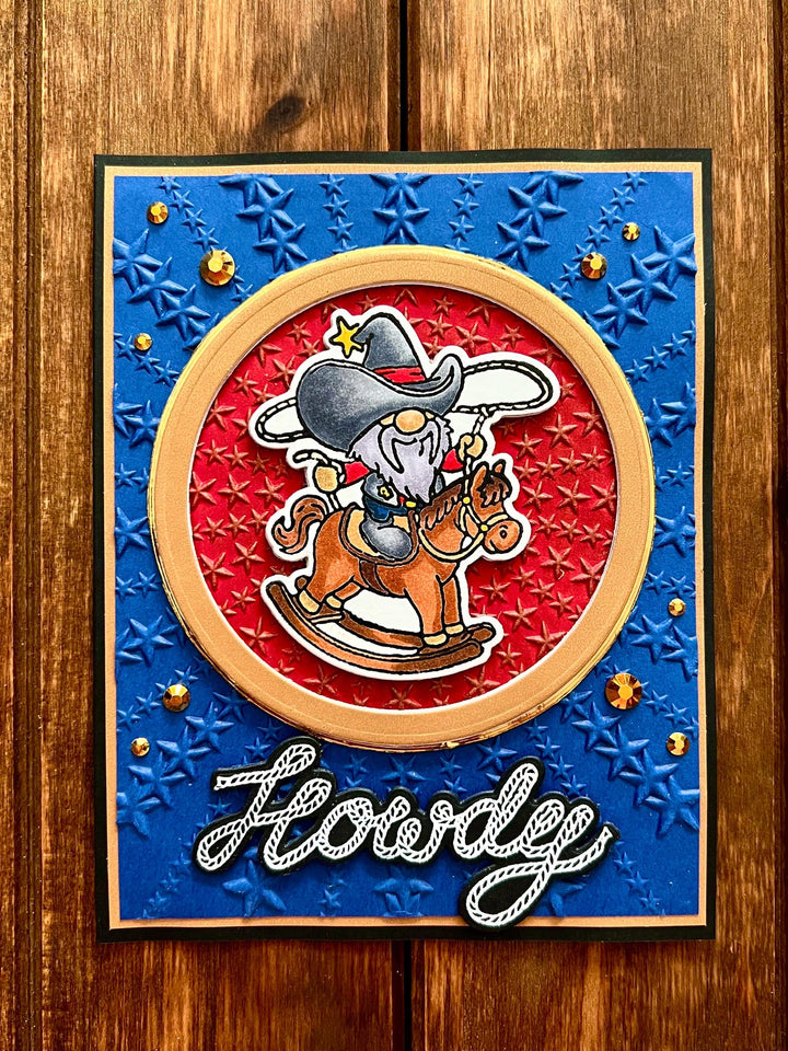 Cowboy Gnome on Rocking Horse Embossed Star Background Howdy Card