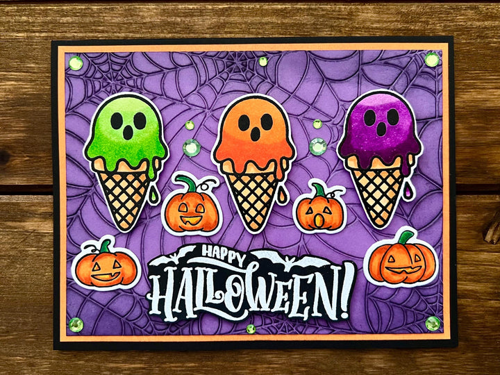 Ice Cream Scoop Ghosts and Pumpkins Happy Halloween Card