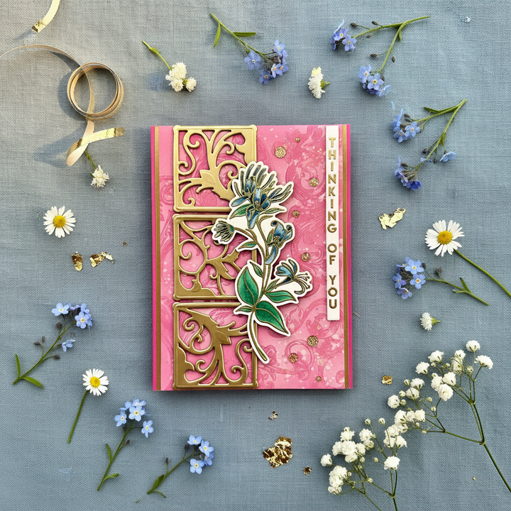 Blue Floral Vine with Gold Filigree Outline Squares Thinking of You Card