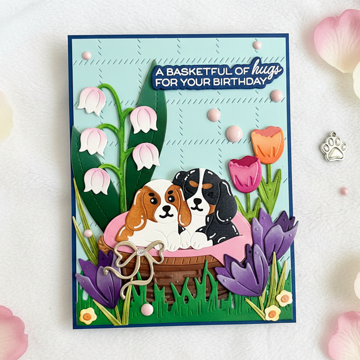 Cute Puppies and Florals Basketful of Hugs Happy Birthday Card