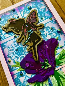 Fairy atop a Geranium Birthday Greeting Card with Laser-Engraved Chipboard - A Magical Celebration of Another Year