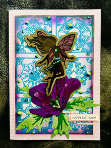Fairy atop a Geranium Birthday Greeting Card with Laser-Engraved Chipboard - A Magical Celebration of Another Year