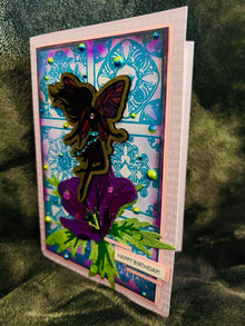 Fairy atop a Geranium Birthday Greeting Card with Laser-Engraved Chipboard - A Magical Celebration of Another Year