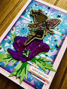 Fairy atop a Geranium Birthday Greeting Card with Laser-Engraved Chipboard - A Magical Celebration of Another Year
