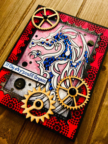 Dragon Encouragement Greeting Card with Chipboard Gear Accents - A Steampunk Inspiration for Courage and Strength