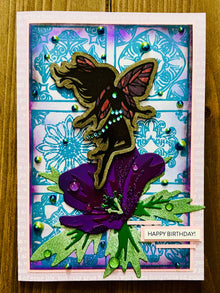 Fairy atop a Geranium Birthday Greeting Card with Laser-Engraved Chipboard - A Magical Celebration of Another Year