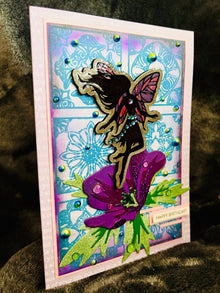 Fairy atop a Geranium Birthday Greeting Card with Laser-Engraved Chipboard - A Magical Celebration of Another Year