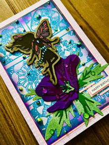 Fairy atop a Geranium Birthday Greeting Card with Laser-Engraved Chipboard - A Magical Celebration of Another Year