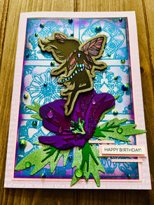 Fairy atop a Geranium Birthday Greeting Card with Laser-Engraved Chipboard - A Magical Celebration of Another Year