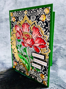 Cosmos Flower Birthday Card: Stamped Floral, Golden Frame