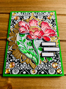 Cosmos Flower Birthday Card: Stamped Floral, Golden Frame