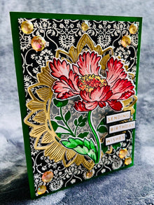 Cosmos Flower Birthday Card: Stamped Floral, Golden Frame