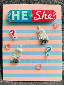 Striped Baby Gender Reveal Card: Confetti Bottle Accents