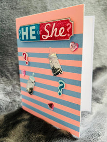 Striped Baby Gender Reveal Card: Confetti Bottle Accents