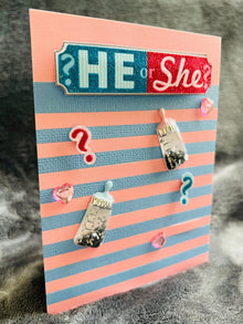 Striped Baby Gender Reveal Card: Confetti Bottle Accents