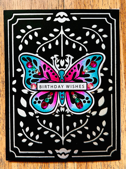 Folk Art Butterfly Birthday Card: Hand-Colored Gem Embellished