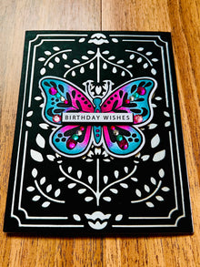 Folk Art Butterfly Birthday Card: Hand-Colored Gem Embellished