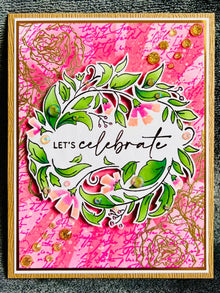 Let’s Celebrate Card with Pink Colorful Wreath Background - A Vibrant Invitation to Joyful Moments