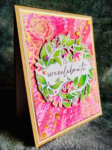Let’s Celebrate Card with Pink Colorful Wreath Background - A Vibrant Invitation to Joyful Moments