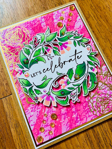 Let’s Celebrate Card with Pink Colorful Wreath Background - A Vibrant Invitation to Joyful Moments