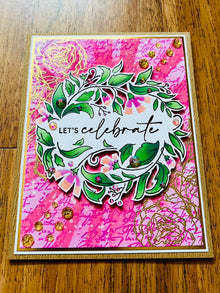 Let’s Celebrate Card with Pink Colorful Wreath Background - A Vibrant Invitation to Joyful Moments