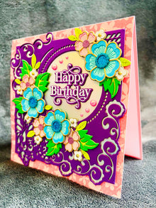 Happy Birthday Card with Pink and Blue Floral Arrangement - A Blossoming Wish for a Joyful Year