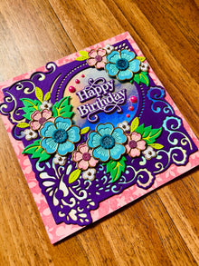 Happy Birthday Card with Pink and Blue Floral Arrangement - A Blossoming Wish for a Joyful Year