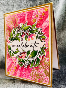 Let’s Celebrate Card with Pink Colorful Wreath Background - A Vibrant Invitation to Joyful Moments
