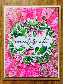 Let’s Celebrate Card with Pink Colorful Wreath Background - A Vibrant Invitation to Joyful Moments