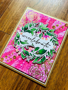 Let’s Celebrate Card with Pink Colorful Wreath Background - A Vibrant Invitation to Joyful Moments