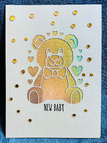 Gold Teddy Bear New Baby Card: Holographic Cutout Keepsake