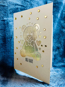 Gold Teddy Bear New Baby Card: Holographic Cutout Keepsake
