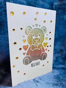 Gold Teddy Bear New Baby Card: Holographic Cutout Keepsake