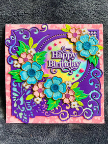 Happy Birthday Card with Pink and Blue Floral Arrangement - A Blossoming Wish for a Joyful Year