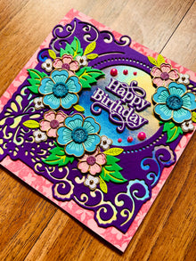 Happy Birthday Card with Pink and Blue Floral Arrangement - A Blossoming Wish for a Joyful Year